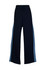 Womens striped track pants in navy with light blue side stripes and a drawstring waistband. Features a logo.