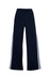 Womens striped track pants in navy blue with white side stripes and an elastic waistband. Features a logo.