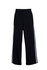 Black striped track pants featuring white side stripes and an elastic waistband. Includes a logo.