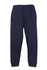 Navy junior track pants featuring an elastic waistband and side pockets, with a logo present on the design.