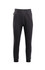 Black brushed fleece track pants with an elastic waistband and cuffs, featuring side pockets and a logo on the design.