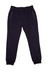 Brushed fleece track pants in navy blue with side zipper pockets and ribbed cuffs, featuring a logo.