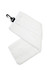 A white bamboo golf towel with a black plastic hook for easy attachment.