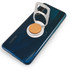 A drink bottle opener attached to a phone with a wooden base, set against a dark blue smartphone.