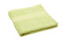 A folded bath towel in soft green featuring a striped design. It has a simple logo on one side.
