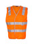 An orange work vest featuring 3M reflective tape and a logo, designed for safety and visibility.