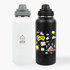 A drink bottle in black with camping-themed graphics and a white bottle with a logo, both stainless steel.