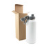 A drink bottle in white with a grey lid and handle, beside a brown cardboard box.