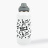 A drink bottle featuring a white design with musical notes and a gray cap. It includes a logo.