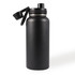 A drink bottle with a matte black finish, featuring a screw-on lid and a straw cap, includes a logo.
