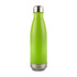 A drink bottle with a bright green body and a stainless steel base and cap, featuring a logo.