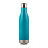 A drink bottle in a vibrant turquoise colour with a stainless steel base and a screw-top lid. It features a logo.