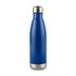 A drink bottle made of stainless steel in a vibrant blue color with a silver bottom.