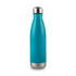 A drink bottle with a sleek turquoise body and a stainless steel base, featuring a metal cap and a logo.