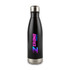 A drink bottle in black with a stainless steel bottom and a logo displayed on the body.
