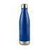 A drink bottle with a sleek blue exterior and a stainless steel bottom. It features a shiny metal cap.