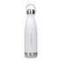 A drink bottle in white with a stainless steel bottom and a hanger lid, featuring a logo.