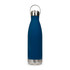 A drink bottle in a deep blue finish with a stainless steel hanger lid. It has a sleek, slender design.