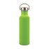 A drink bottle made of recycled aluminum with a vibrant green finish and a metal cap featuring a wooden handle.