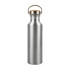 A drink bottle made of recycled aluminium featuring a sleek silver finish and a cork stopper with a metal handle.