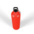 A drink bottle in vibrant red with a black cap and a silver carabiner. It features a logo on the surface.