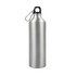 A drink bottle made of aluminum with a sleek silver finish and a black cap featuring a carabiner.