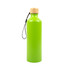 A drink bottle in vibrant green with a bamboo lid and a convenient handle. It features a simple design and a logo.