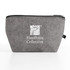 A grey cosmetic pack featuring a branding logo, with a structured design and zip closure.