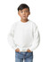 A youth sweatshirt in white, featuring a crew neck and long sleeves, held by a child with hands in pockets.