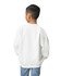 A white Gildan Heavy Blend youth sweatshirt viewed from the back, worn by a child with short black hair.