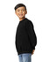 A youth sweatshirt in black, featuring a crew neck and long sleeves, shown worn by a smiling child.