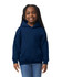 A youth hooded sweatshirt in navy blue, featuring a front pocket and a hood, worn by a smiling child.