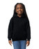 A black hooded sweatshirt for youth, featuring a front pocket and a hood, worn by a smiling girl.