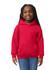 A red youth hooded sweatshirt with a front pocket, featuring a hood and a logo.