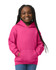 A girl wearing a pink Gildan Heavy Blend youth hooded sweatshirt, featuring a front pocket and hood.