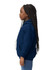 A youth hooded sweatshirt in navy blue, featuring a hood and a front pocket. The model has long braided hair.
