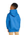 A blue youth hooded sweatshirt with a large hood, viewed from the back, featuring a relaxed fit.