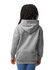 A grey hooded sweatshirt with a kangaroo pocket and a back view of a child wearing it.