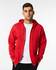 A red full zip hooded sweatshirt for adults, featuring a hood and front pockets. It has a logo on it.