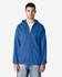 A blue Gildan Heavy Blend adult full zip hooded sweatshirt on a model, featuring a front pocket and a logo.