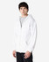 A white Gildan Heavy Blend adult full zip hooded sweatshirt is displayed on a model. The sweatshirt features a hood and a relaxed fit.