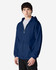 A navy blue full zip hooded sweatshirt with a front zipper and a hood, displayed on a model.
