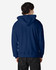 A navy blue Gildan Heavy Blend adult full zip hooded sweatshirt with a hood and a logo on the back.
