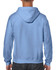 A blue Gildan Heavy Blend full zip hooded sweatshirt featuring a hood and long sleeves, viewed from the back.