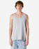 A light grey unisex fine jersey tank top is displayed on a model, featuring a simple design and a relaxed fit.