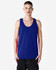 A blue unisex fine jersey tank top with a logo, displayed on a model against a plain background.