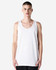 A unisex fine jersey tank in white, featuring a simple design and a logo on the garment.