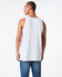 A back view of a white unisex fine jersey tank top, paired with blue denim jeans. It features a branding logo.