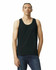 A unisex fine jersey tank in black, featuring a logo, worn by a model with jeans.