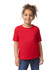 A red Gildan Heavy Cotton toddler t-shirt with a round neck and short sleeves, presented on a smiling child.